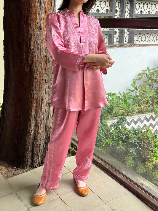 Deep Blush Pink Satin Shimmer Chikankari Co-Ord Set