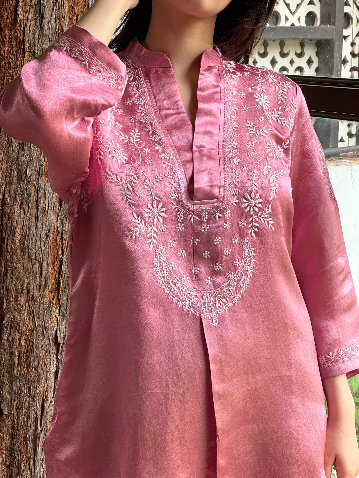 Deep Blush Pink Satin Shimmer Chikankari Co-Ord Set