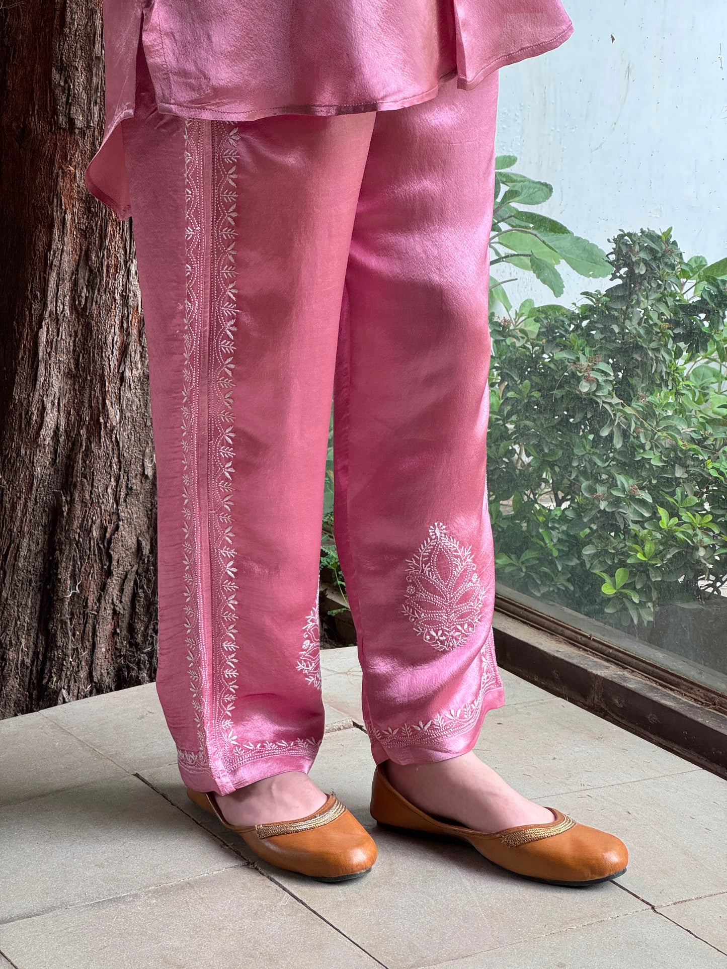 Deep Blush Pink Satin Shimmer Chikankari Co-Ord Set