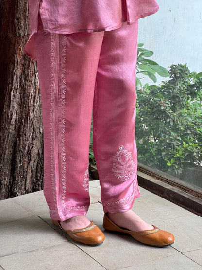 Deep Blush Pink Satin Shimmer Chikankari Co-Ord Set