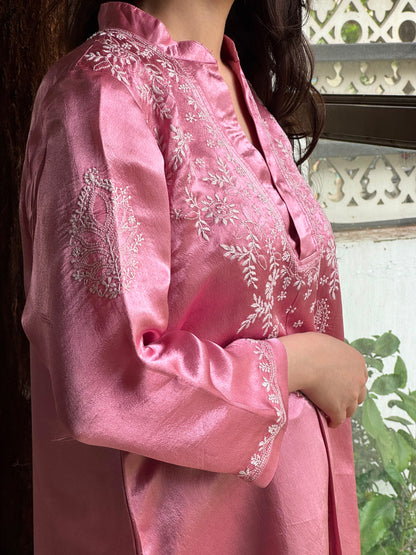 Deep Blush Pink Satin Shimmer Chikankari Co-Ord Set