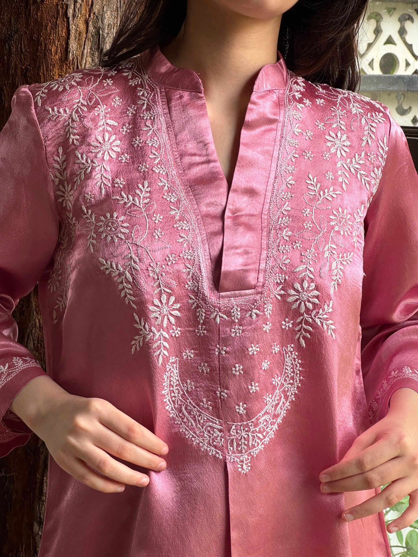 Deep Blush Pink Satin Shimmer Chikankari Co-Ord Set