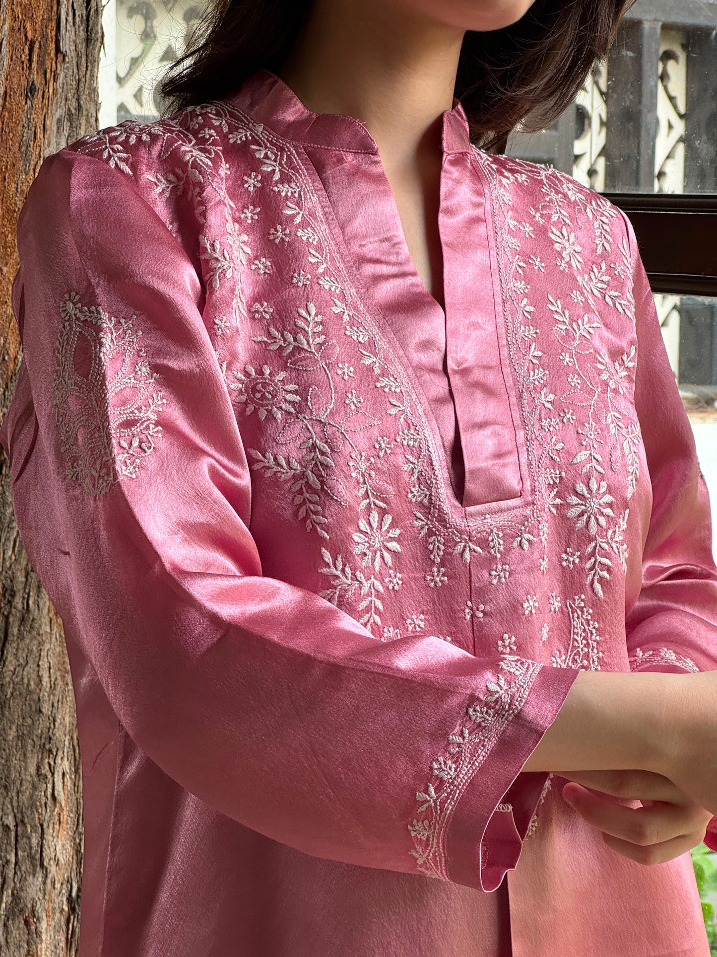 Deep Blush Pink Satin Shimmer Chikankari Co-Ord Set