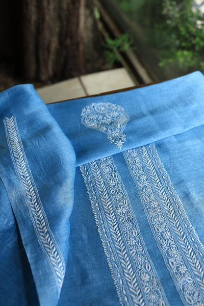 Denim Blue Linen Chikankari Unstitched Men's Kurtas Fabric