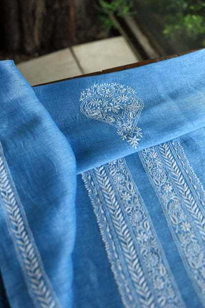 Denim Blue Linen Chikankari Unstitched Men's Kurtas Fabric