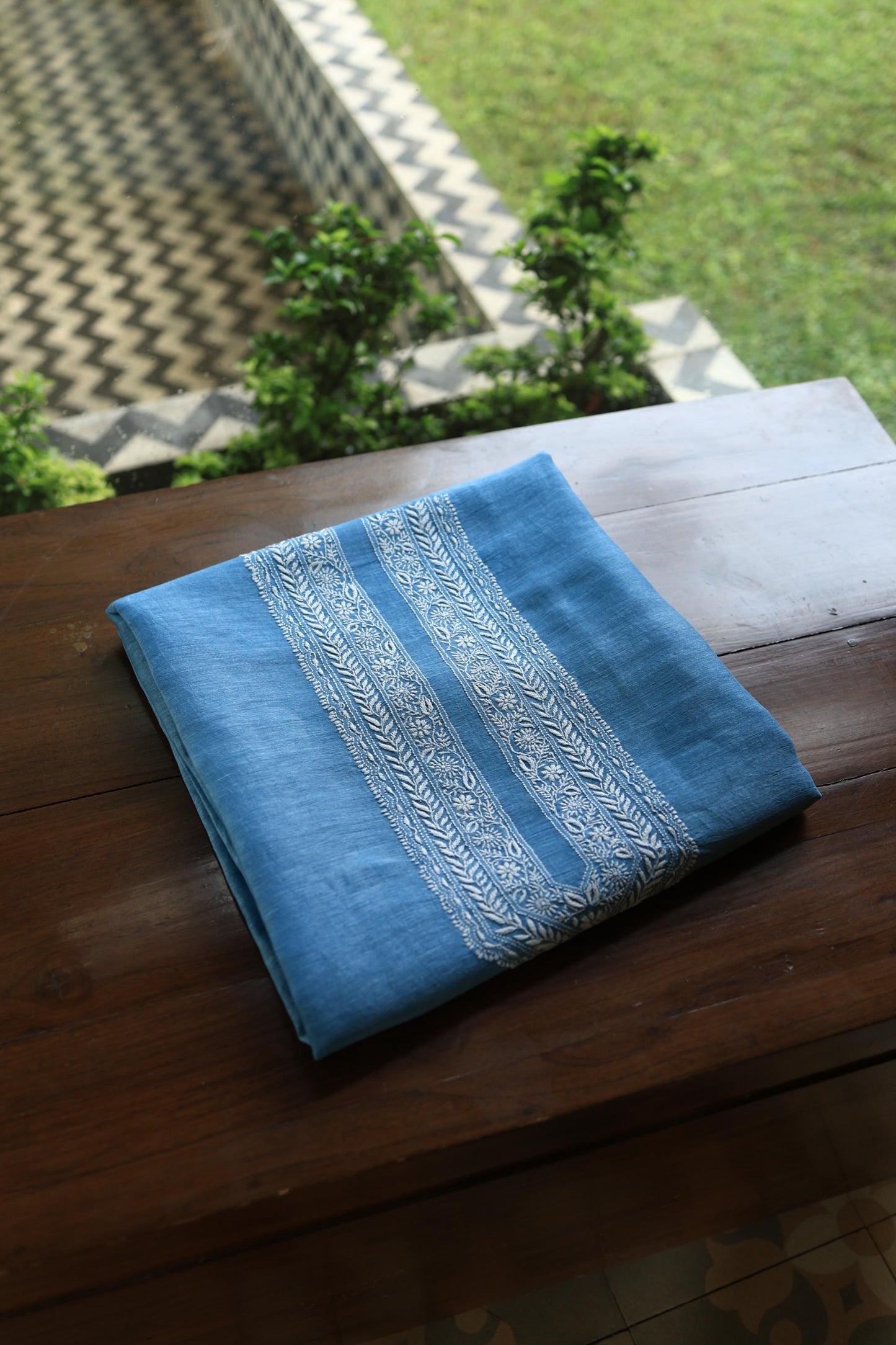 Denim Blue Linen Chikankari Unstitched Men's Kurtas Fabric
