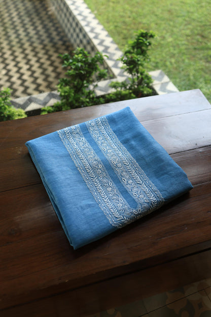 Denim Blue Linen Chikankari Unstitched Men's Kurtas Fabric