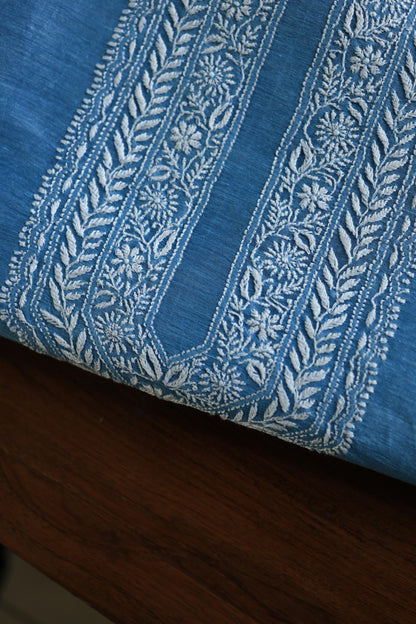 Denim Blue Linen Chikankari Unstitched Men's Kurtas Fabric