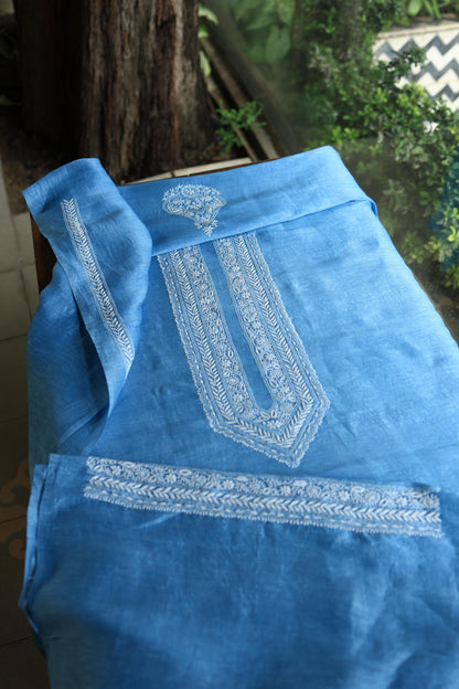 Denim Blue Linen Chikankari Unstitched Men's Kurtas Fabric