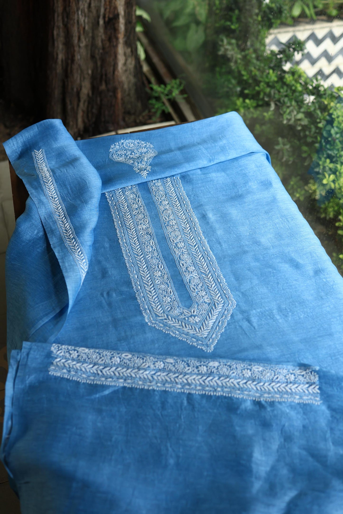 Denim Blue Linen Chikankari Unstitched Men's Kurtas Fabric