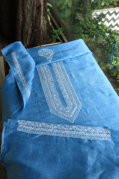 Denim Blue Linen Chikankari Unstitched Men's Kurtas Fabric