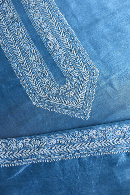 Denim Blue Linen Chikankari Unstitched Men's Kurtas Fabric