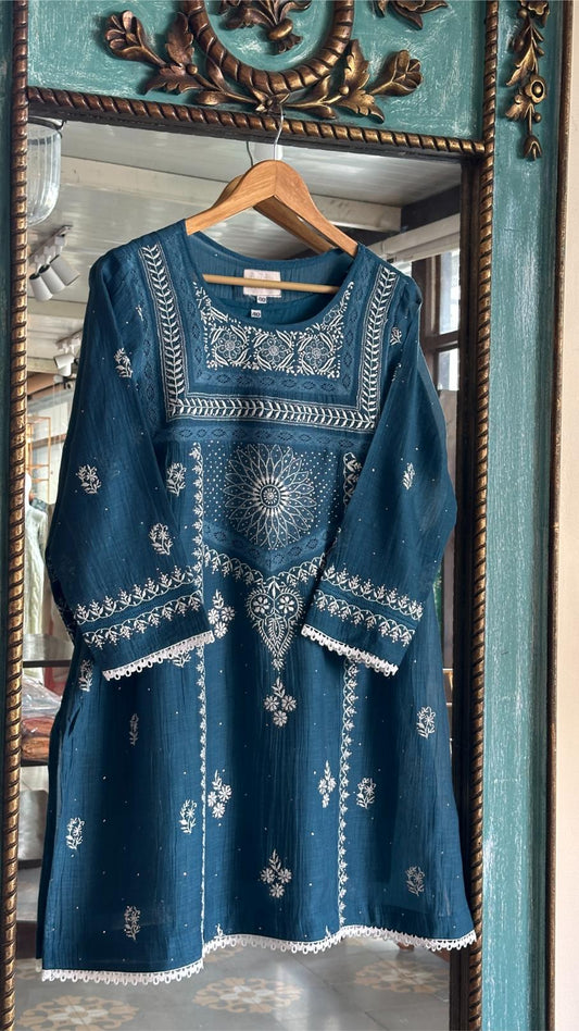Denim Blue Shade Malmal Chikankari Kamdani Short Kurti