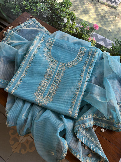 Denim Blue Shade Shade Tissue Kota Chikankari Unstitched Fabric