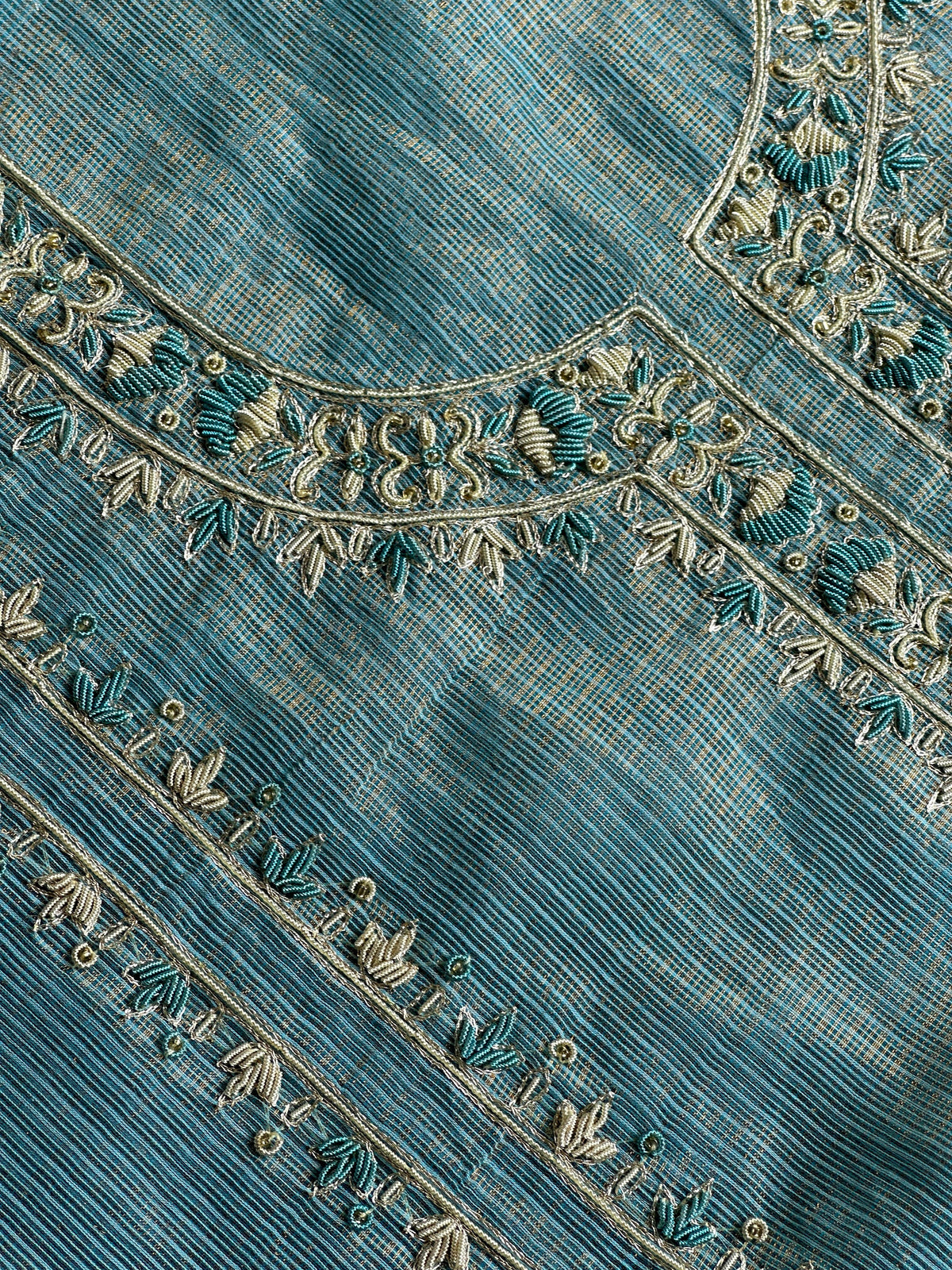 Denim Blue Shade Shade Tissue Kota Chikankari Unstitched Fabric