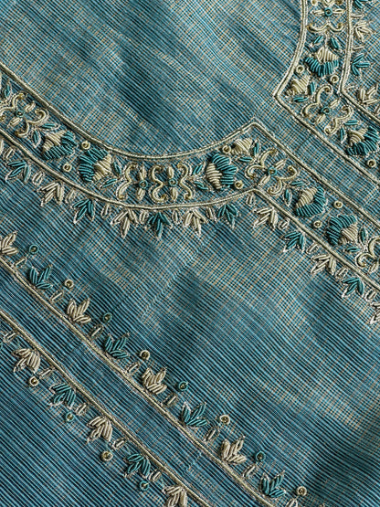 Denim Blue Shade Shade Tissue Kota Chikankari Unstitched Fabric