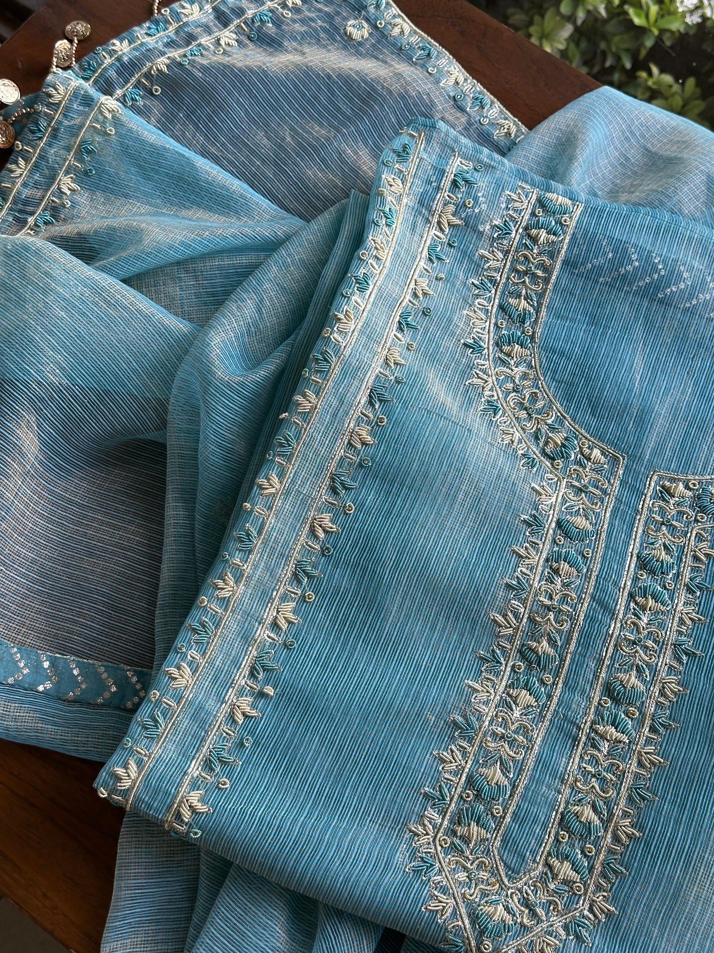 Denim Blue Shade Shade Tissue Kota Chikankari Unstitched Fabric