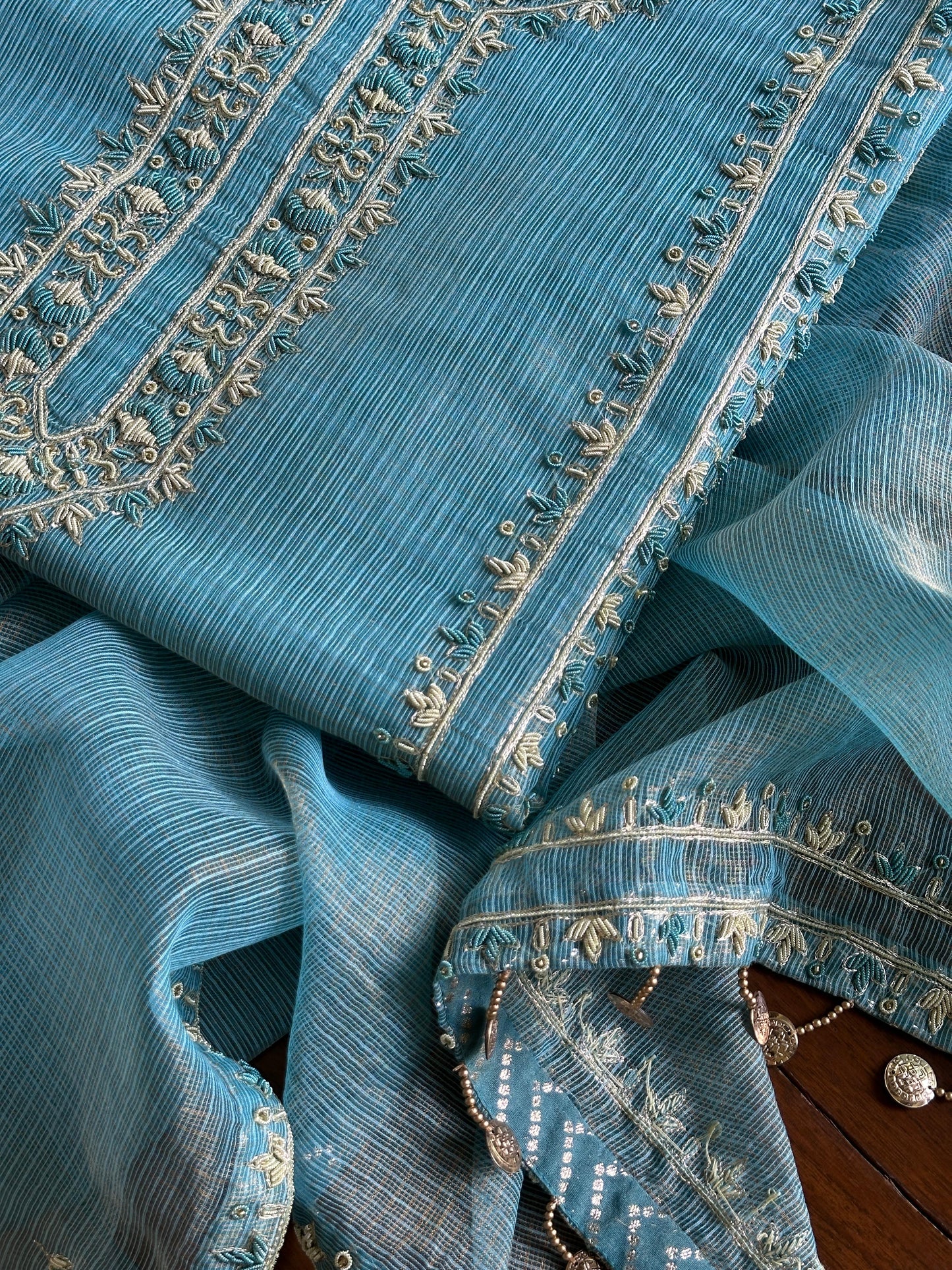 Denim Blue Shade Shade Tissue Kota Chikankari Unstitched Fabric