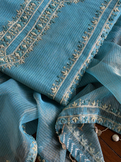 Denim Blue Shade Shade Tissue Kota Chikankari Unstitched Fabric