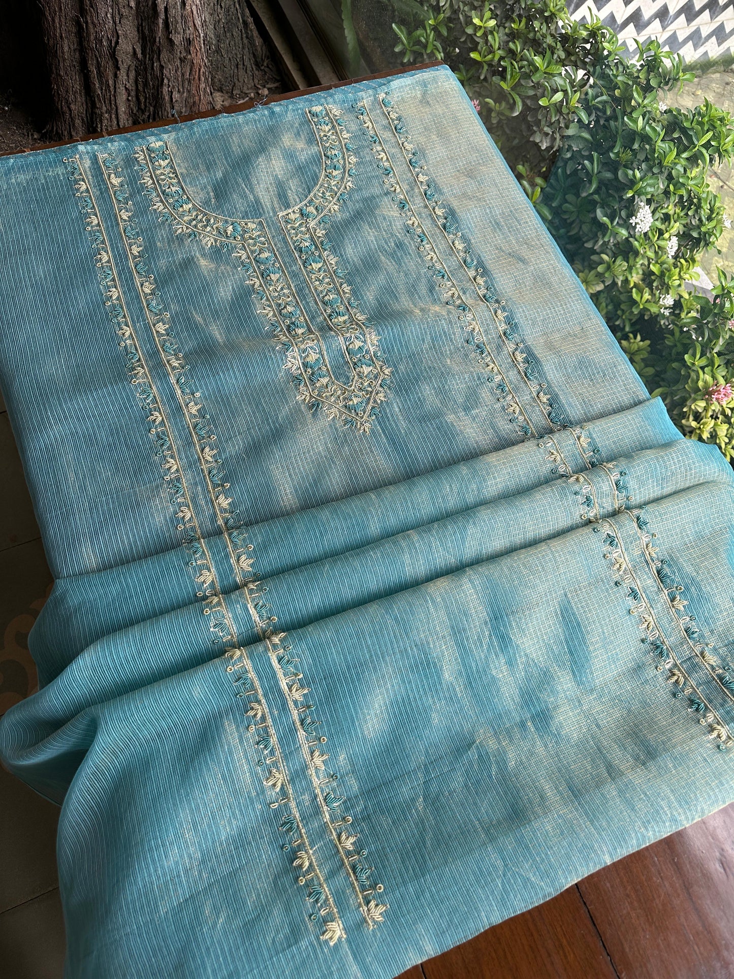 Denim Blue Shade Shade Tissue Kota Chikankari Unstitched Fabric