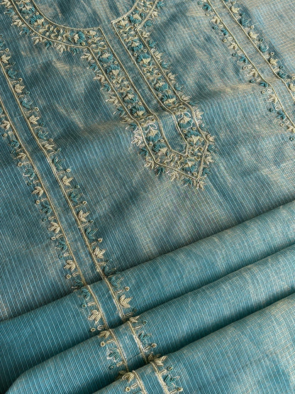 Denim Blue Shade Shade Tissue Kota Chikankari Unstitched Fabric