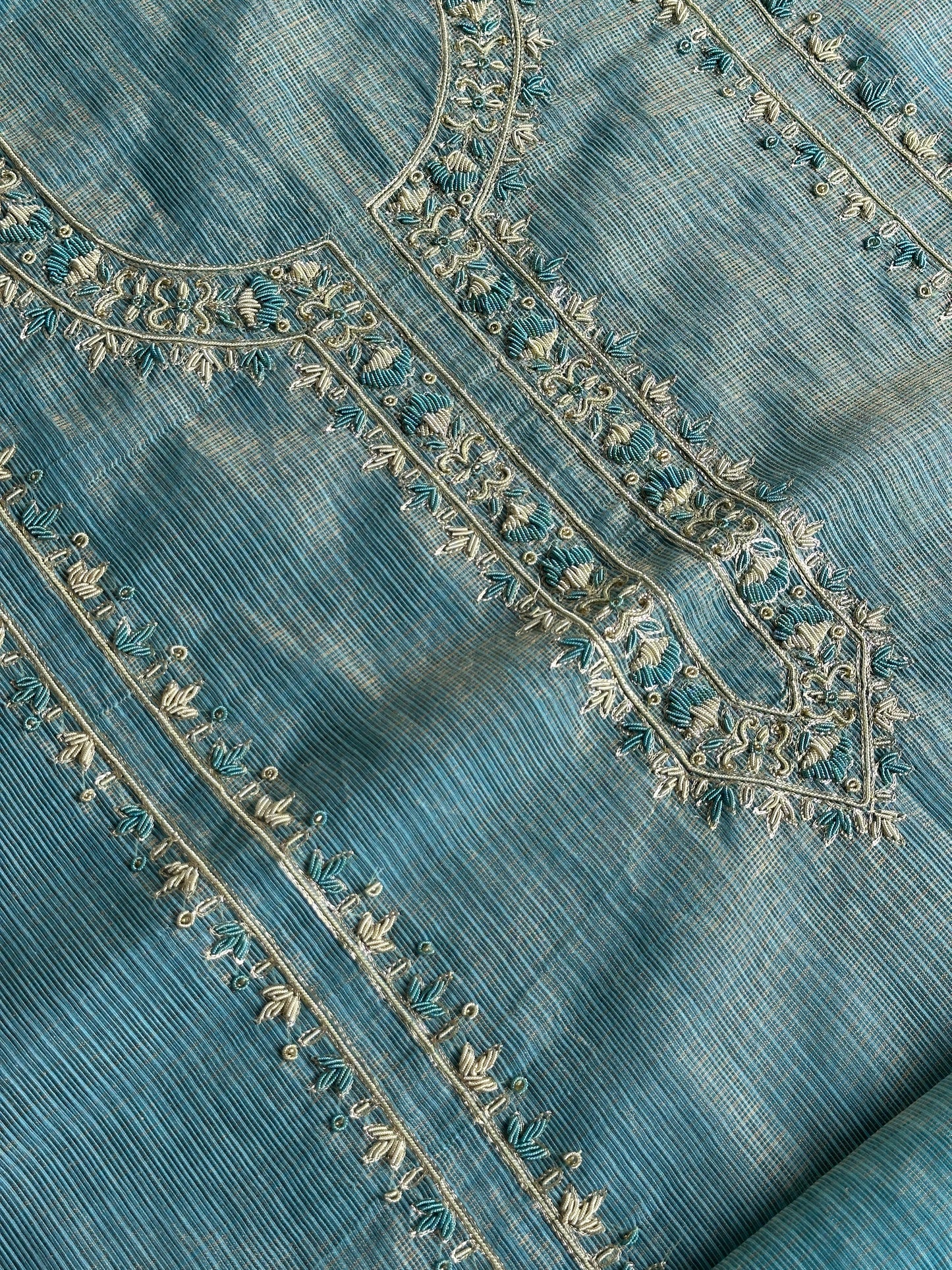 Denim Blue Shade Shade Tissue Kota Chikankari Unstitched Fabric