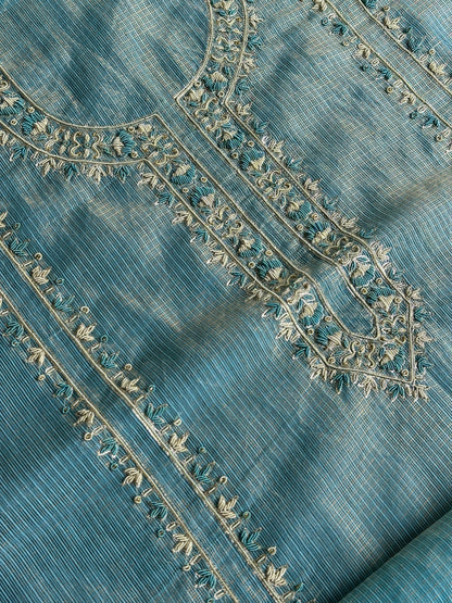 Denim Blue Shade Shade Tissue Kota Chikankari Unstitched Fabric