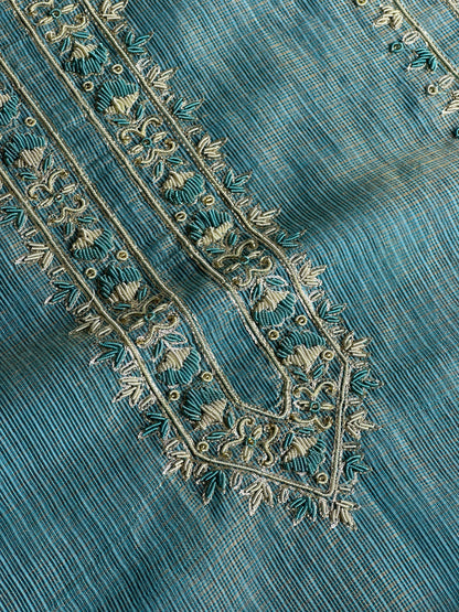 Denim Blue Shade Shade Tissue Kota Chikankari Unstitched Fabric