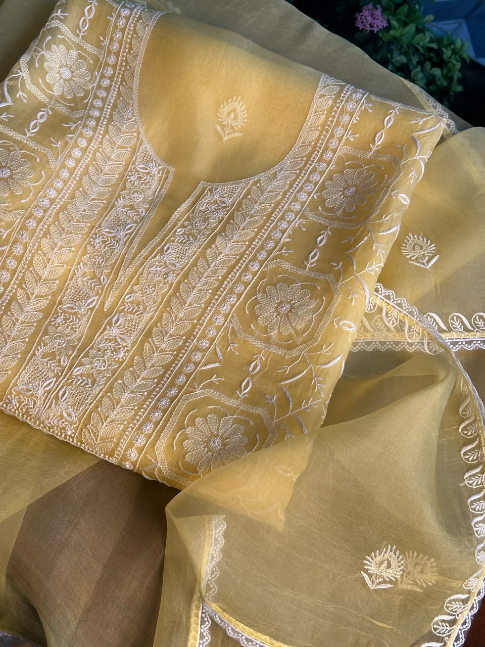 Desert Yellow Organza Chikankari Unstitched Suit Fabric
