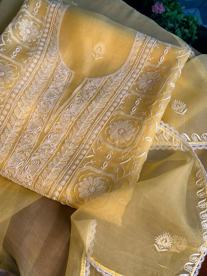 Desert Yellow Organza Chikankari Unstitched Suit Fabric