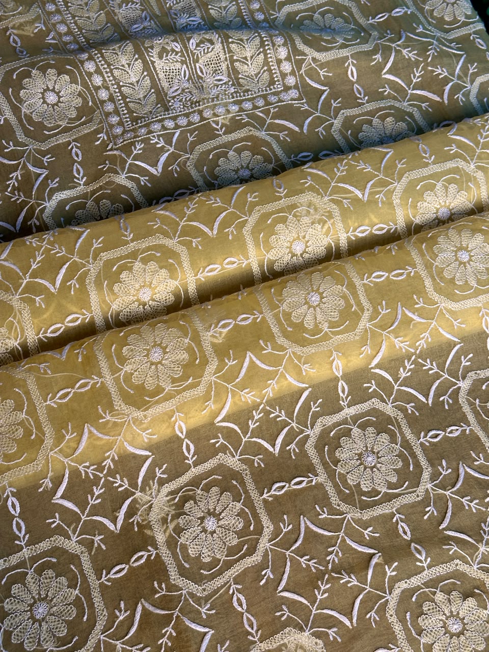 Desert Yellow Organza Chikankari Unstitched Suit Fabric