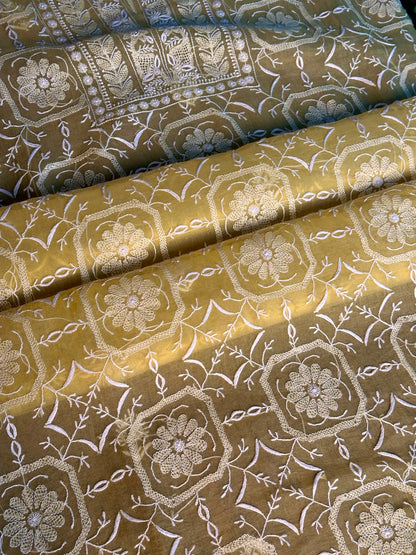 Desert Yellow Organza Chikankari Unstitched Suit Fabric
