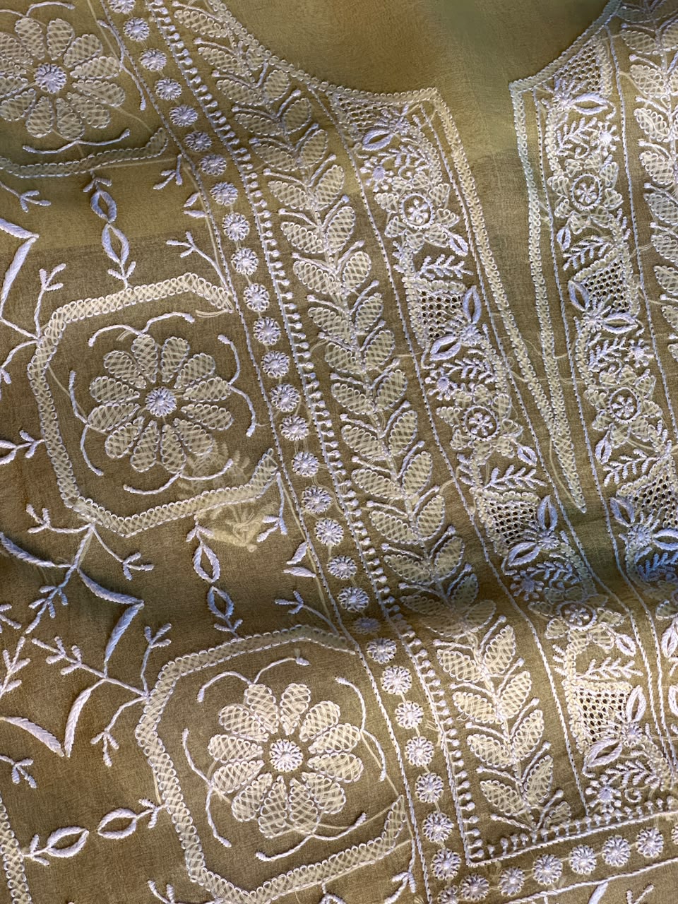 Desert Yellow Organza Chikankari Unstitched Suit Fabric