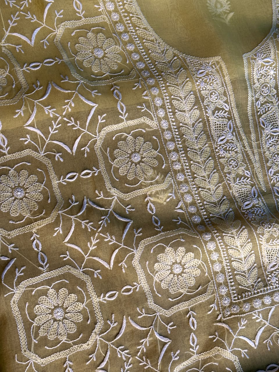 Desert Yellow Organza Chikankari Unstitched Suit Fabric