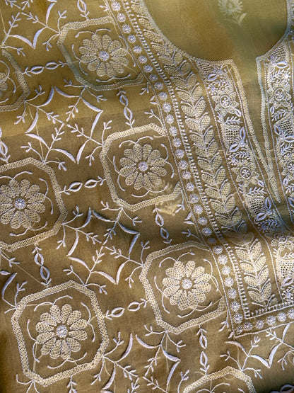 Desert Yellow Organza Chikankari Unstitched Suit Fabric