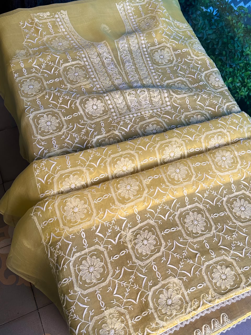 Desert Yellow Organza Chikankari Unstitched Suit Fabric