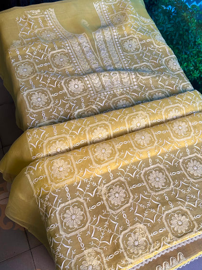 Desert Yellow Organza Chikankari Unstitched Suit Fabric