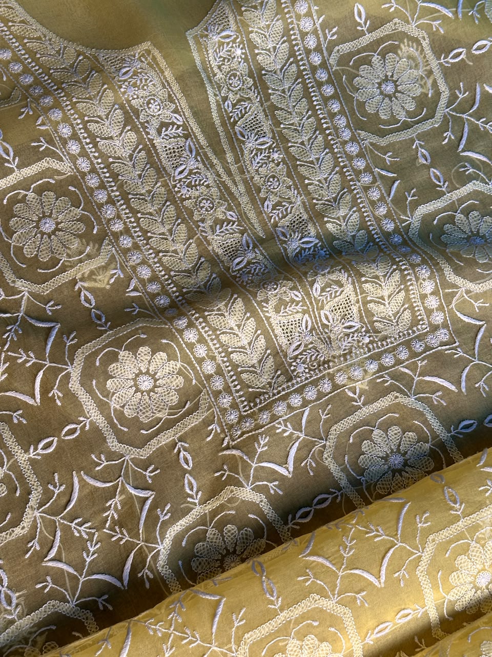 Desert Yellow Organza Chikankari Unstitched Suit Fabric