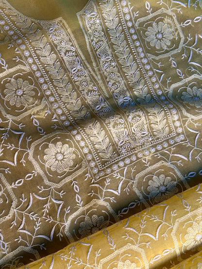 Desert Yellow Organza Chikankari Unstitched Suit Fabric