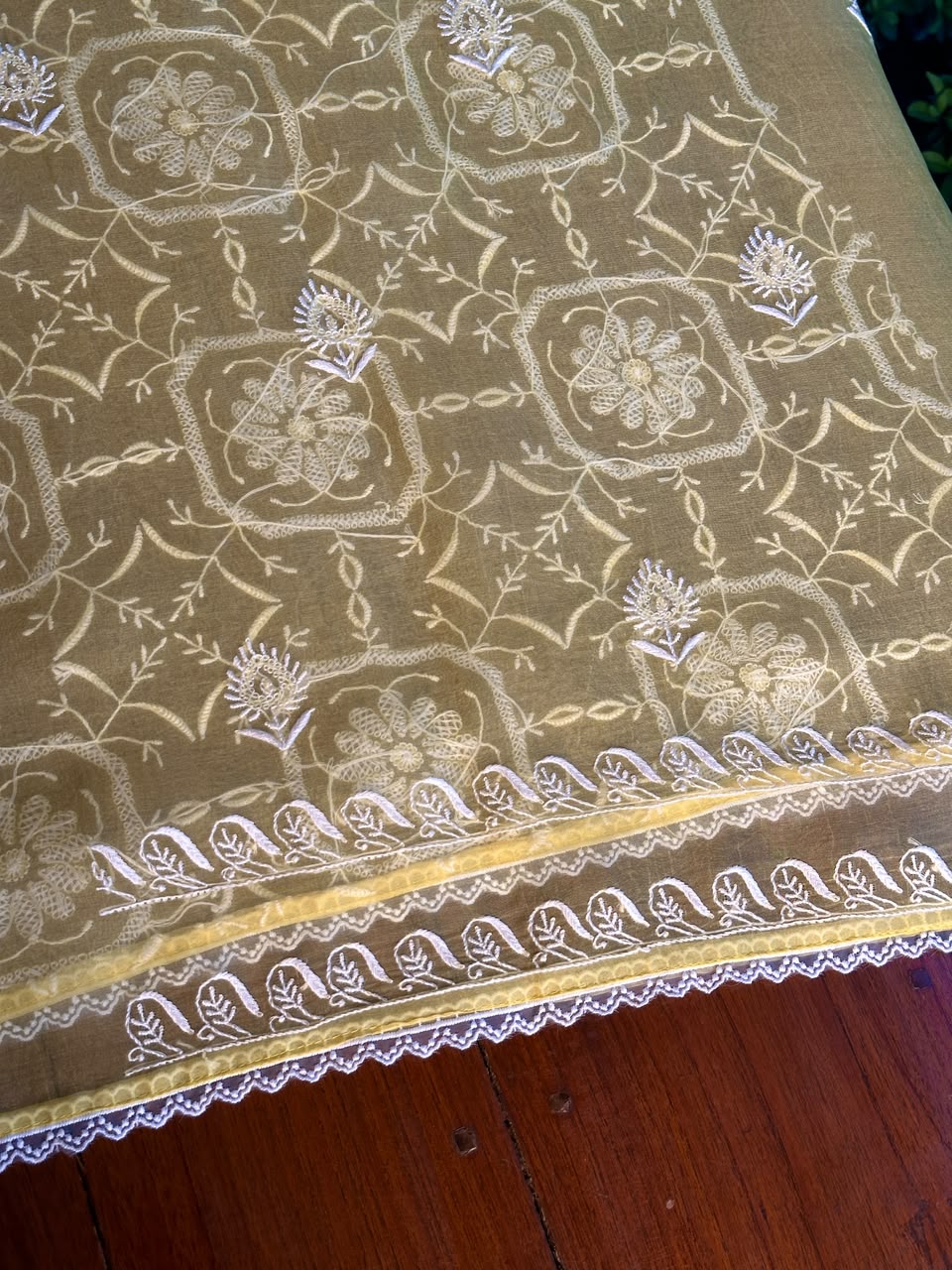 Desert Yellow Organza Chikankari Unstitched Suit Fabric