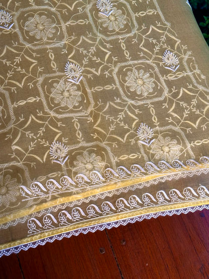 Desert Yellow Organza Chikankari Unstitched Suit Fabric