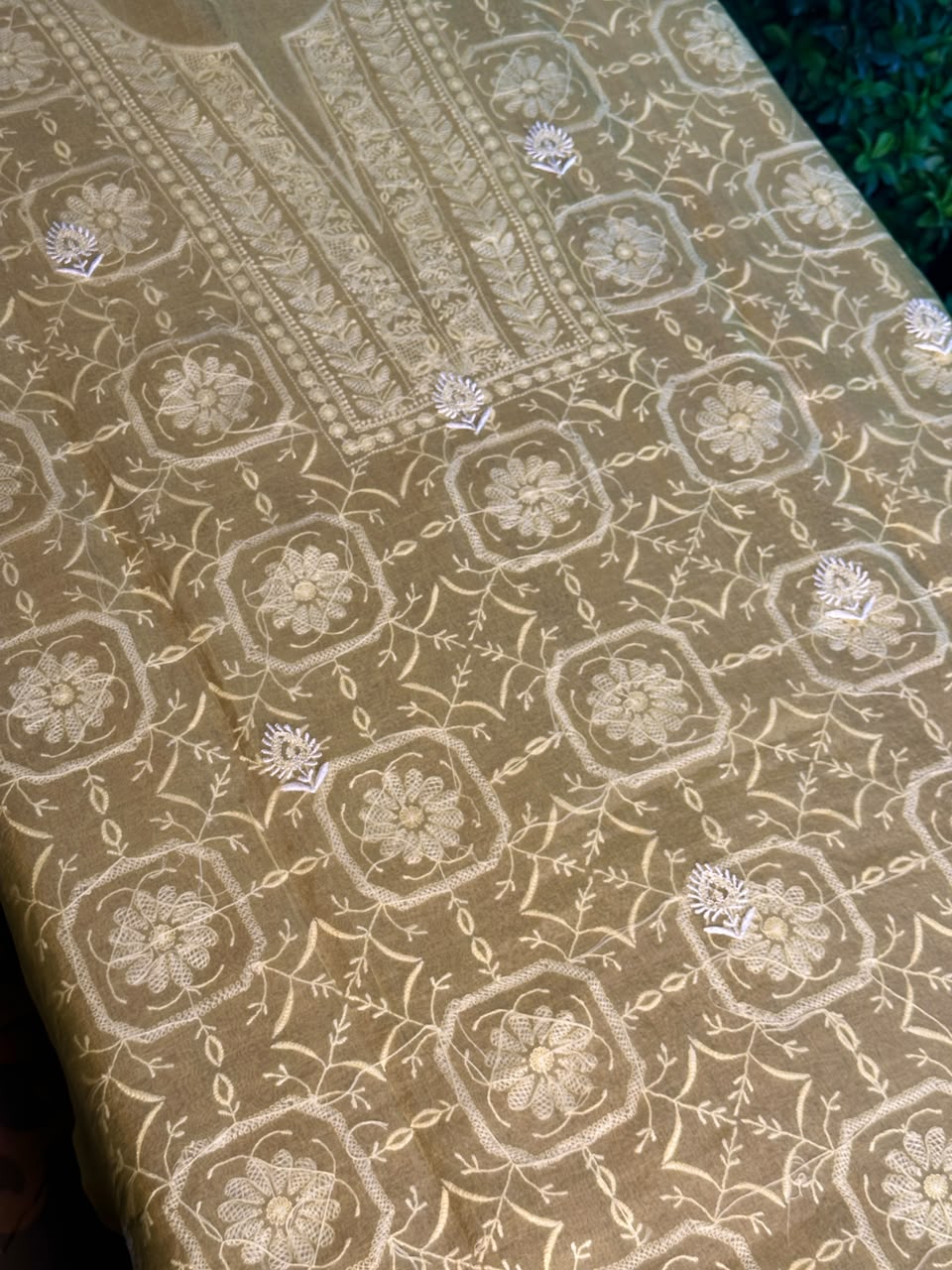 Desert Yellow Organza Chikankari Unstitched Suit Fabric