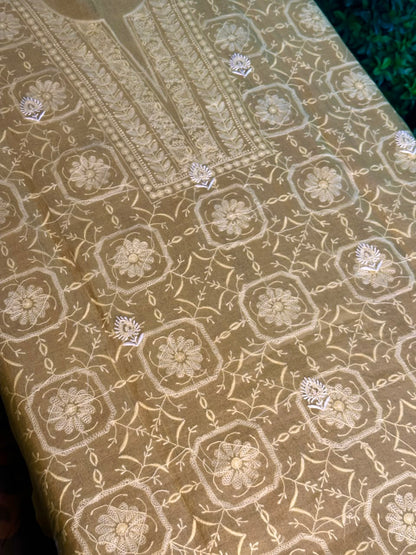 Desert Yellow Organza Chikankari Unstitched Suit Fabric