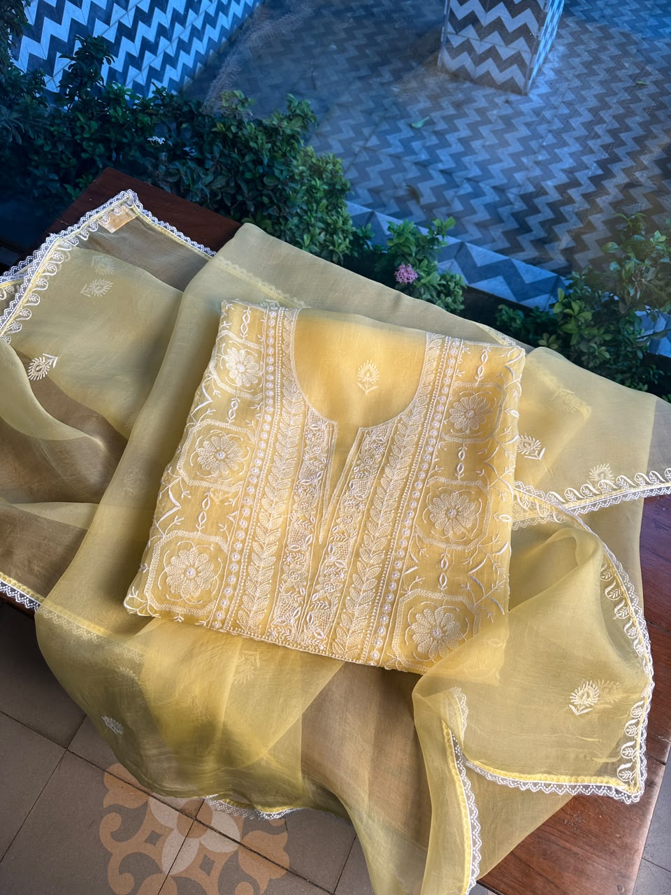Desert Yellow Organza Chikankari Unstitched Suit Fabric