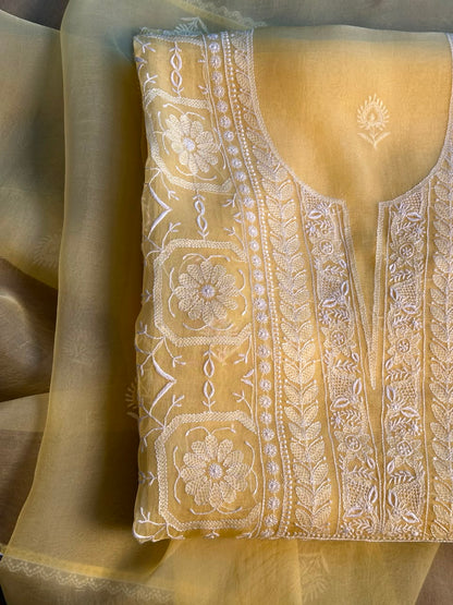 Desert Yellow Organza Chikankari Unstitched Suit Fabric