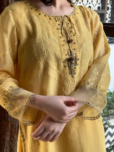 Desert Yellow Shade Satin Linen Farshi Sets With Chikankari & Kamdani
