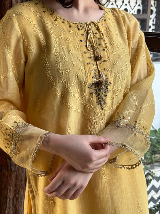 Desert Yellow Shade Satin Linen Farshi Sets With Chikankari & Kamdani