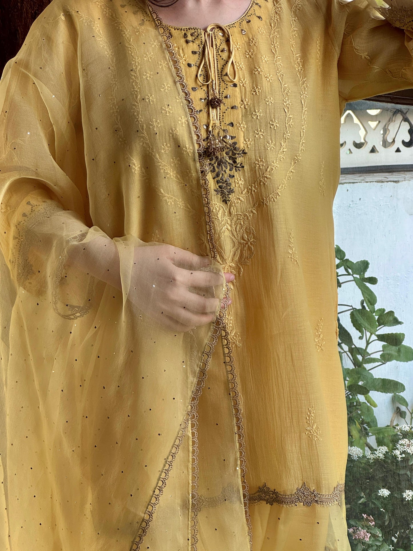 Desert Yellow Shade Satin Linen Farshi Sets With Chikankari & Kamdani