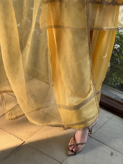 Desert Yellow Shade Satin Linen Farshi Sets With Chikankari & Kamdani