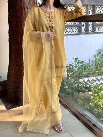 Desert Yellow Shade Satin Linen Farshi Sets With Chikankari & Kamdani